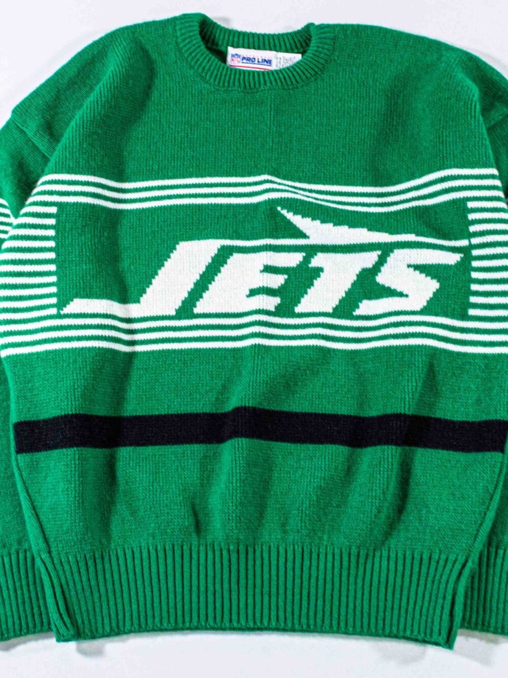 Vintage New York Jets Cliff Engle Sweater XL 80s Pro Line Striped Logo Green